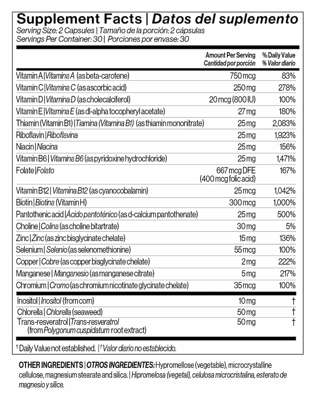 Datos del suplemento Multi + Resveratrol
